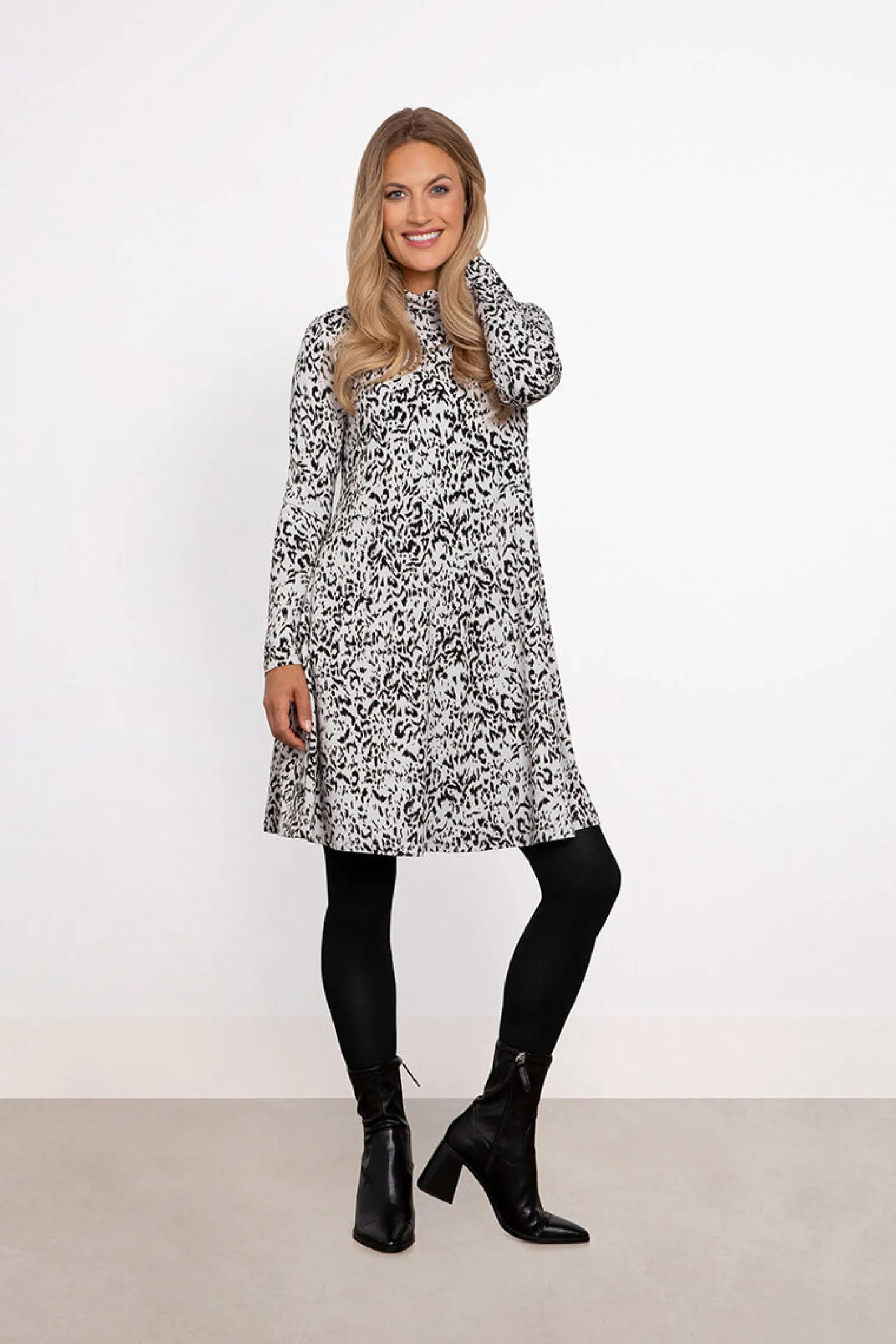 Sympli Dresses>Turtle Neck Trapeze Dress AnimalFog